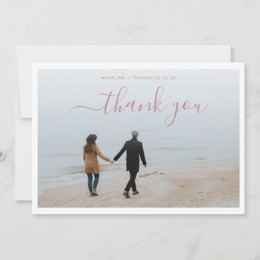 Minimalistisch Roos script met 2 foto's bruiloft Bedankkaart (Voorkant)