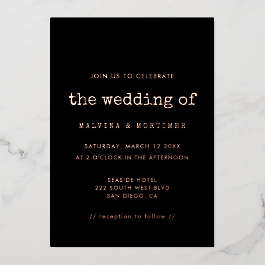  minimalistisch roos voor schrijfmachines folie uitnodiging (Voorkant)