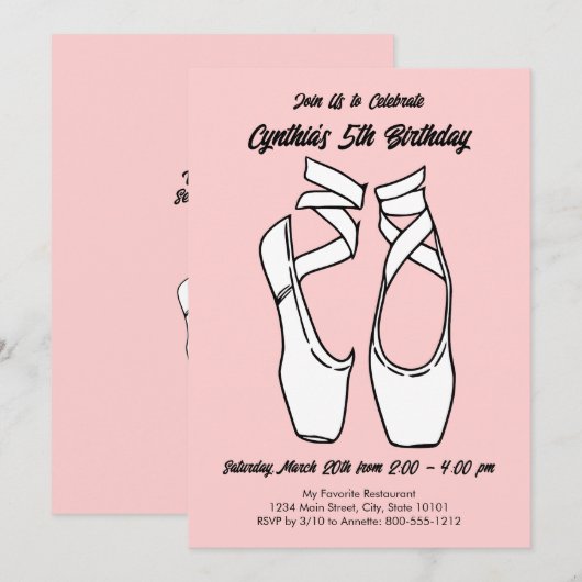 Minimalistisch roze ballet verjaardagsfeestje kaart (Voorkant / Achterkant)