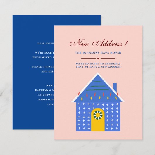 Minimalistisch Roze Blauw Huis Nieuw Thuis We hebb Aankondiging (Voorkant / Achterkant)