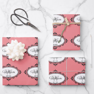 Minimalistisch roze  Damask Monogram Inpakpapier Vel