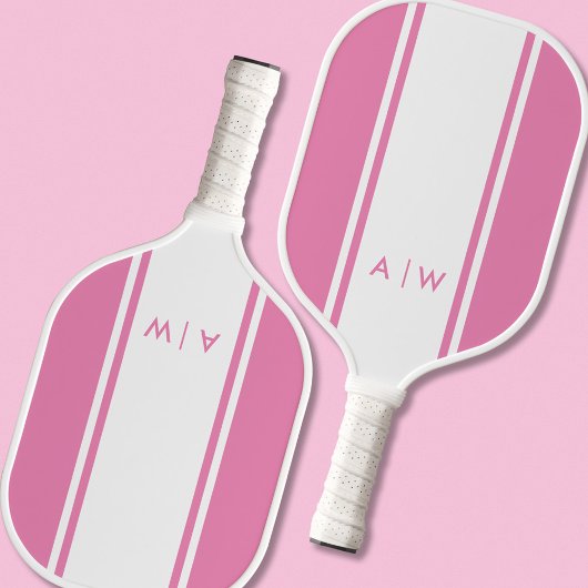 Minimalistisch Roze en Witte Streep Modern Monogra Pickleball Paddle