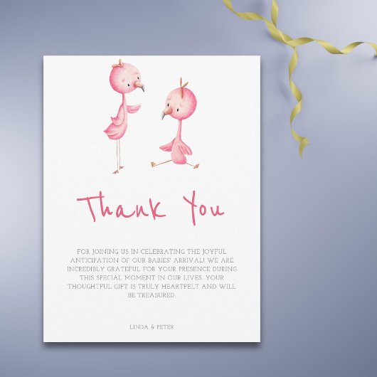 Minimalistisch roze flamingo tweeling Baby shower Bedankkaart