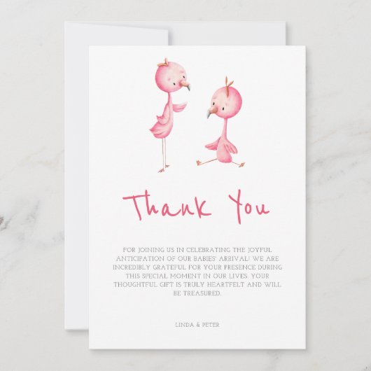 Minimalistisch roze flamingo tweeling Baby shower Bedankkaart (Voorkant)