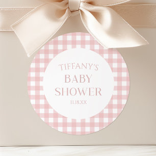 Minimalistisch roze geruite Baby shower Ronde Sticker