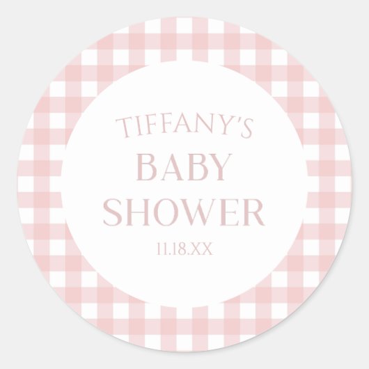 Minimalistisch roze geruite Baby shower Ronde Sticker (Voorkant)