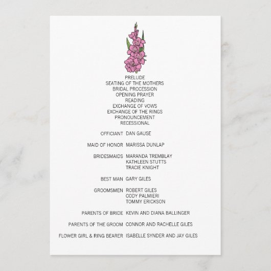 Minimalistisch roze gladiolus bruiloft programma programmakaart (Voorkant)