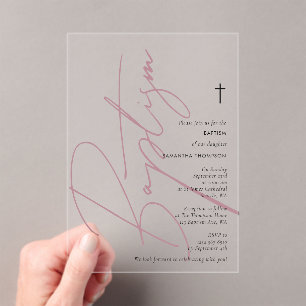 Minimalistisch roze meisjesmanuscript Baptisme Chr Acryl Uitnodigingen