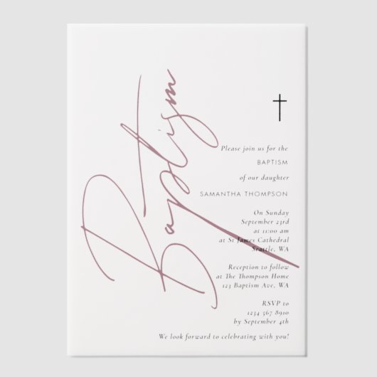 Minimalistisch roze meisjesmanuscript Baptisme Chr Vellum Uitnodigingen (Voorkant)