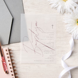 Minimalistisch roze meisjesmanuscript Baptisme Chr Vellum Uitnodigingen