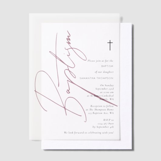 Minimalistisch roze meisjesmanuscript Baptisme Chr Vellum Uitnodigingen (Offset)