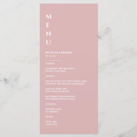 Minimalistisch roze mosterdhuwelijk menu (Voorkant)