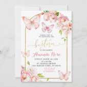 Minimalistisch roze pioen bloemenvlinder doop kaart (Voorkant)