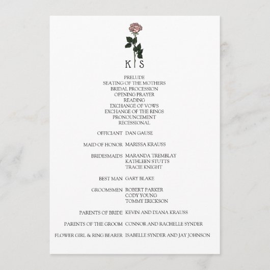 Minimalistisch roze roos monogram bruiloft program programmakaart (Voorkant)