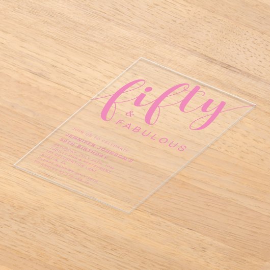 Minimalistisch roze script 50ste verjaardag acryl uitnodigingen (Laagn)