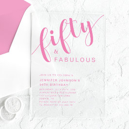 Minimalistisch roze script 50ste verjaardag acryl uitnodigingen