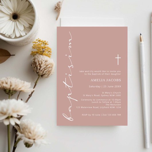 Minimalistisch Roze Script Baptisme Typografie Kaart