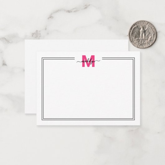 Minimalistisch roze scriptnaam Monogram Notitiekaartje (Voorkant / Achterkant in situ)