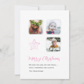 Minimalistisch roze ster schrift drie foto feestdagenkaart (Voorkant)