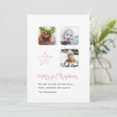 Minimalistisch roze ster schrift drie foto feestdagenkaart (Staand voorkant)