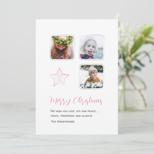 Minimalistisch Roze Ster Script Foto Feestdagenkaart (Staand voorkant)