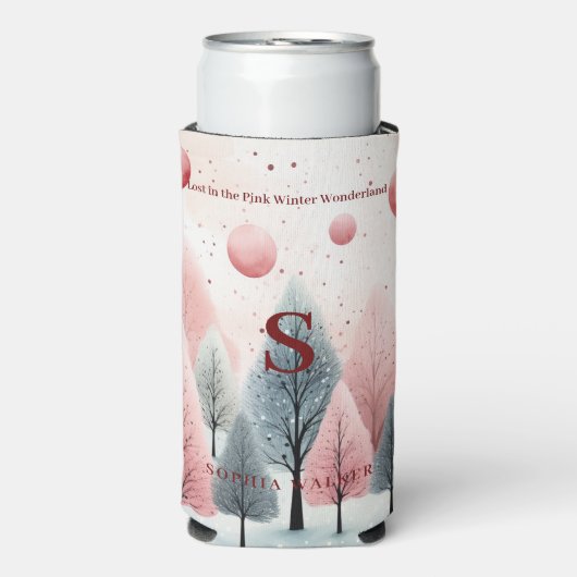 Minimalistisch Roze Winterbos Wonderland Monogram Seltzer Blikjeskoeler (Seltzer Voorkant)