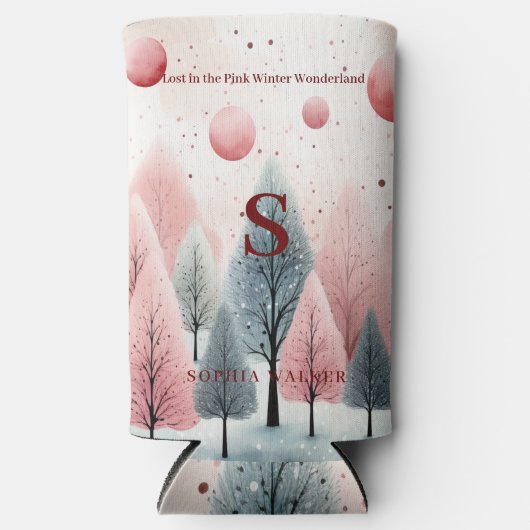 Minimalistisch Roze Winterbos Wonderland Monogram Seltzer Blikjeskoeler (Voorkant)