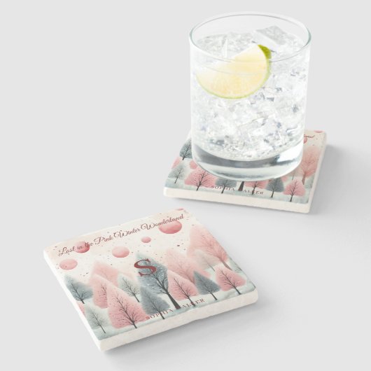Minimalistisch Roze Winterbos Wonderland Monogram Stenen Onderzetter (Zijkant)