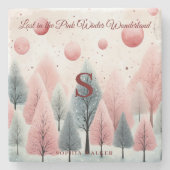 Minimalistisch Roze Winterbos Wonderland Monogram Stenen Onderzetter (Voorkant)