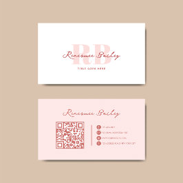 Minimalistisch roze-wit monogram QR-code Visitekaartje