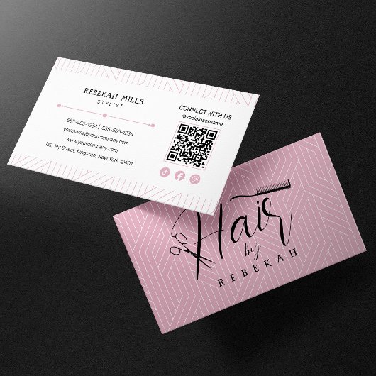 Minimalistisch Roze Wit Patroon Haarstylist QR Cod Visitekaartje