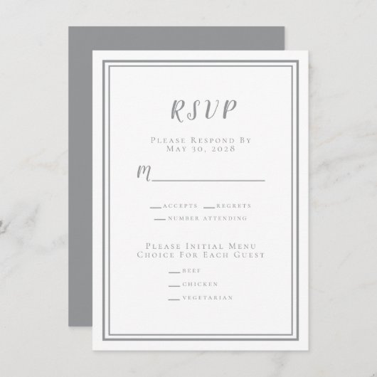 Minimalistisch RSVP-menu Grijs en Wit (Voorkant / Achterkant)