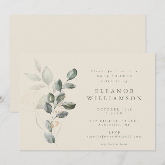 Minimalistisch Rustic Gold Greenery-Baby shower Kaart (Voorkant / Achterkant)