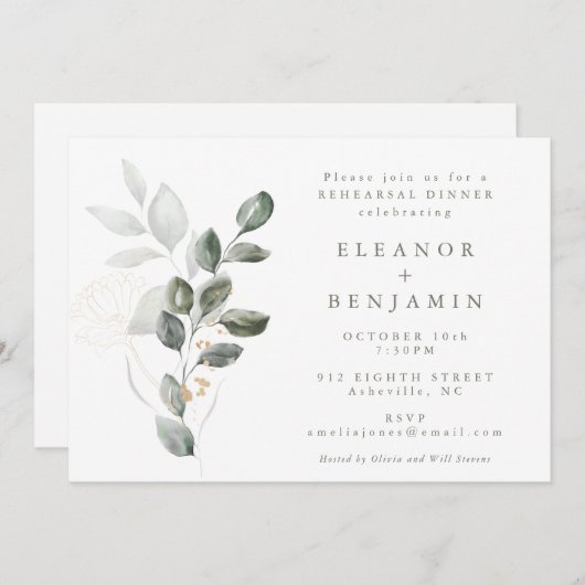 Minimalistisch Rustic Gold Greenery Rehearsal Dinn Kaart (Voorkant / Achterkant)