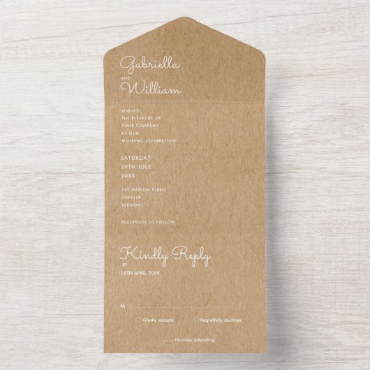 Minimalistisch Rustic Kraft Monogram Weddenschap All In One Uitnodiging (Binnen)