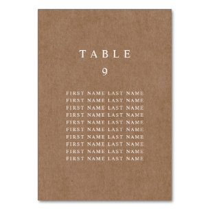 Minimalistisch Rustic Kraft Table Number met namen Kaart