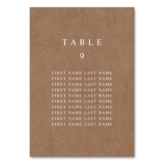 Minimalistisch Rustic Kraft Table Number met namen Kaart (Achterkant)