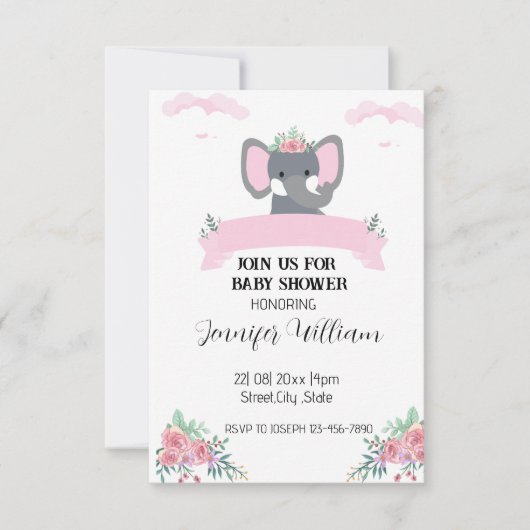 Minimalistisch Rustiek Roze Bloemen Olifant Baby s Kaart (Voorkant)