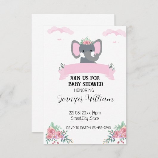 Minimalistisch Rustiek Roze Bloemen Olifant Baby s Kaart (Voorkant / Achterkant)