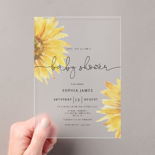 Minimalistisch Rustiek Zonnebloem Baby shower Acryl Uitnodigingen (Insitu (Draagbaar))