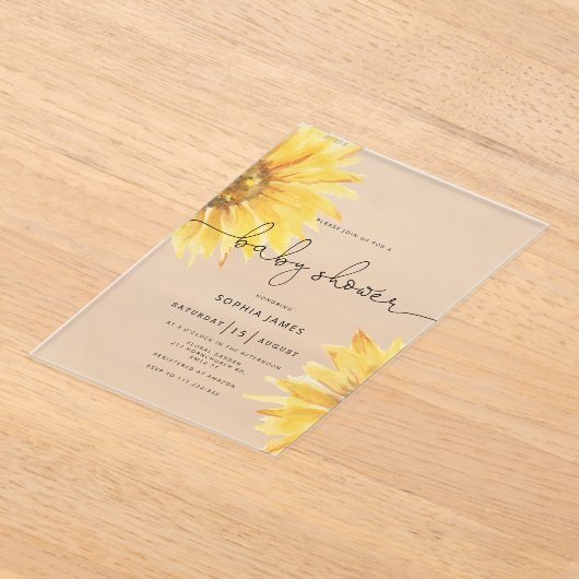 Minimalistisch Rustiek Zonnebloem Baby shower Acryl Uitnodigingen (Laagn)
