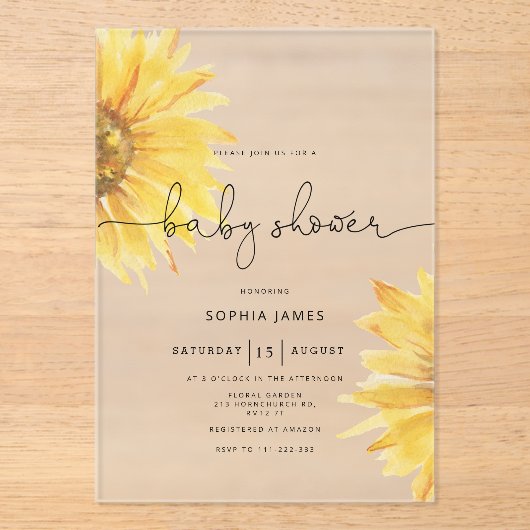 Minimalistisch Rustiek Zonnebloem Baby shower Acryl Uitnodigingen (Voorkant)