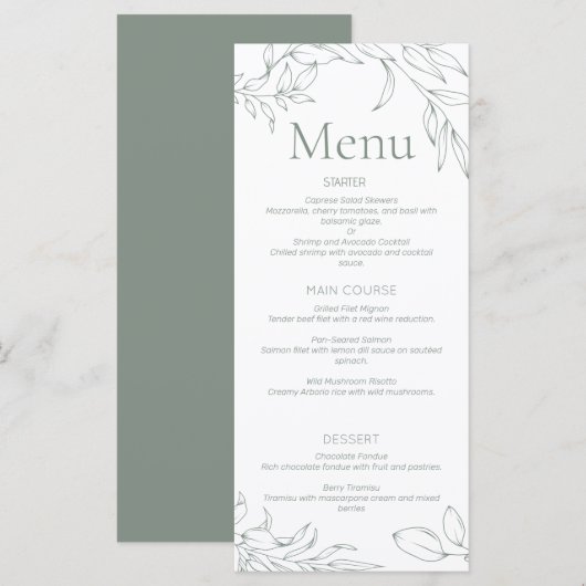 Minimalistisch Sage Bloemen Bruiloft Menu (Voorkant / Achterkant)