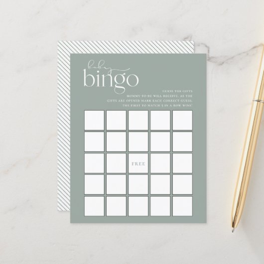 Minimalistisch Sage Green Baby Bingo Game (Voorkant / Achterkant in situ)