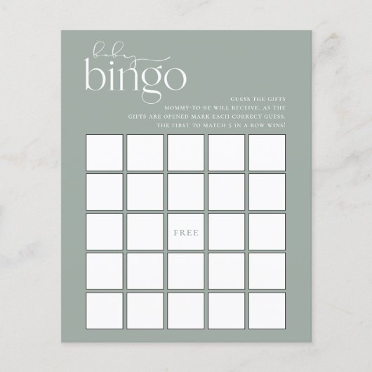 Minimalistisch Sage Green Baby Bingo Game (Voorkant)