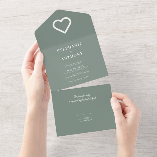 Minimalistisch Sage Green en White Wedding All In One Uitnodiging (Afscheurbaar)