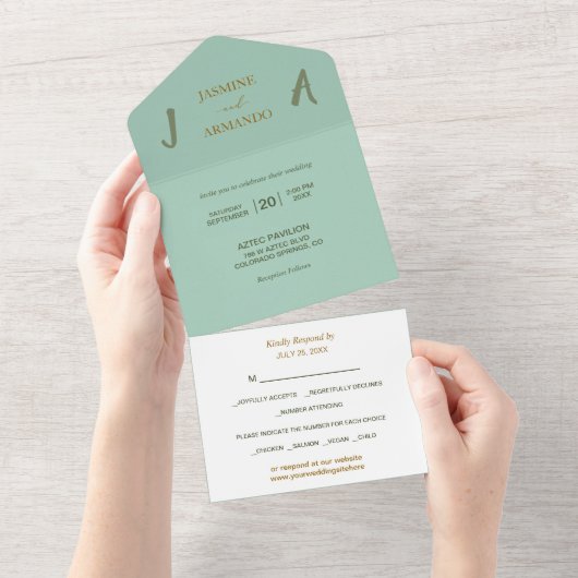 Minimalistisch Sage Green Gold Photo Wedding All In One Uitnodiging (Afscheurbaar)