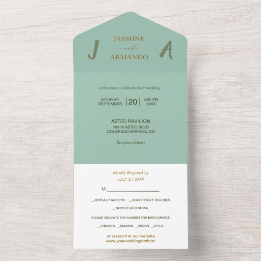 Minimalistisch Sage Green Gold Photo Wedding All In One Uitnodiging (Binnen)
