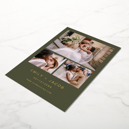 Minimalistisch Sage Green Weddenschap Vier Foto Go Folie Uitnodiging (Gedraaid)
