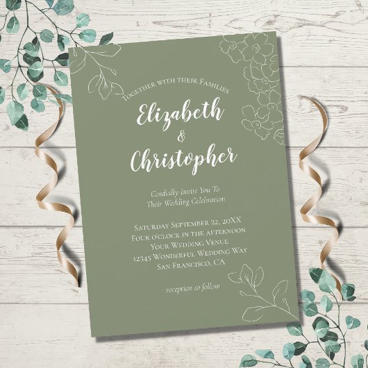 Minimalistisch Sage Green White Floral Modern Wedd Kaart